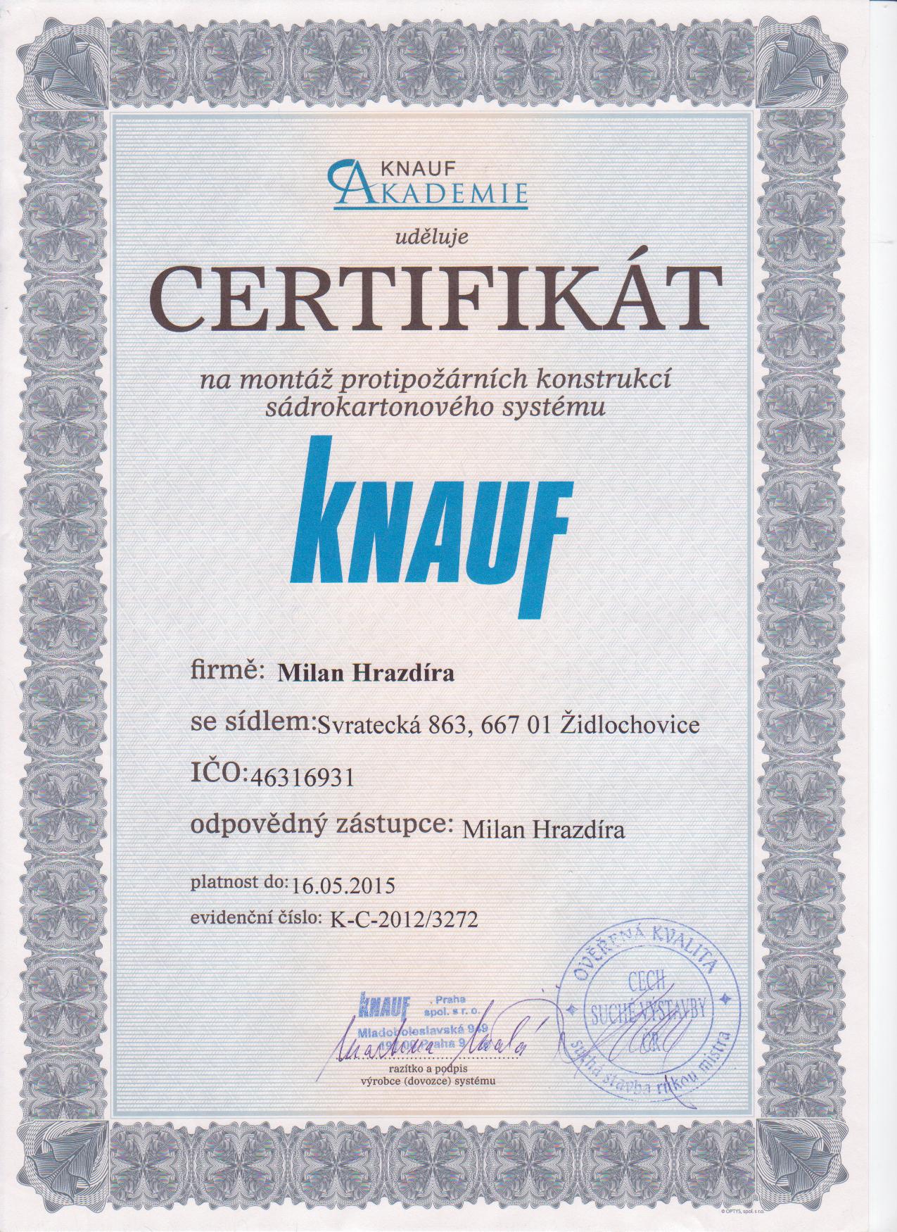 Certifikát KNAUF protipožární konstrukce