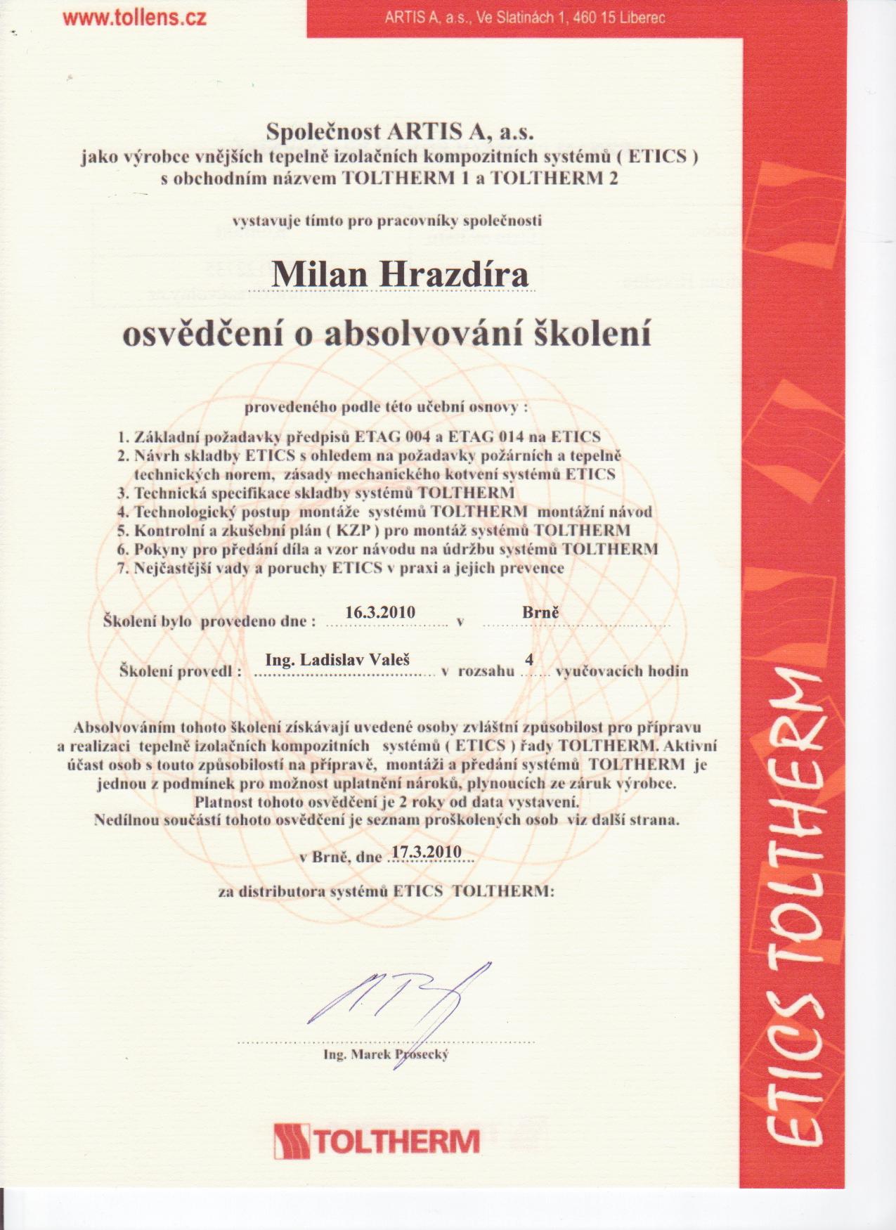 Certifikát Toltherm