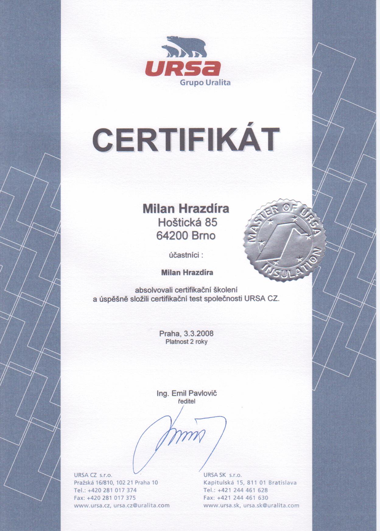 Certifikát URSA