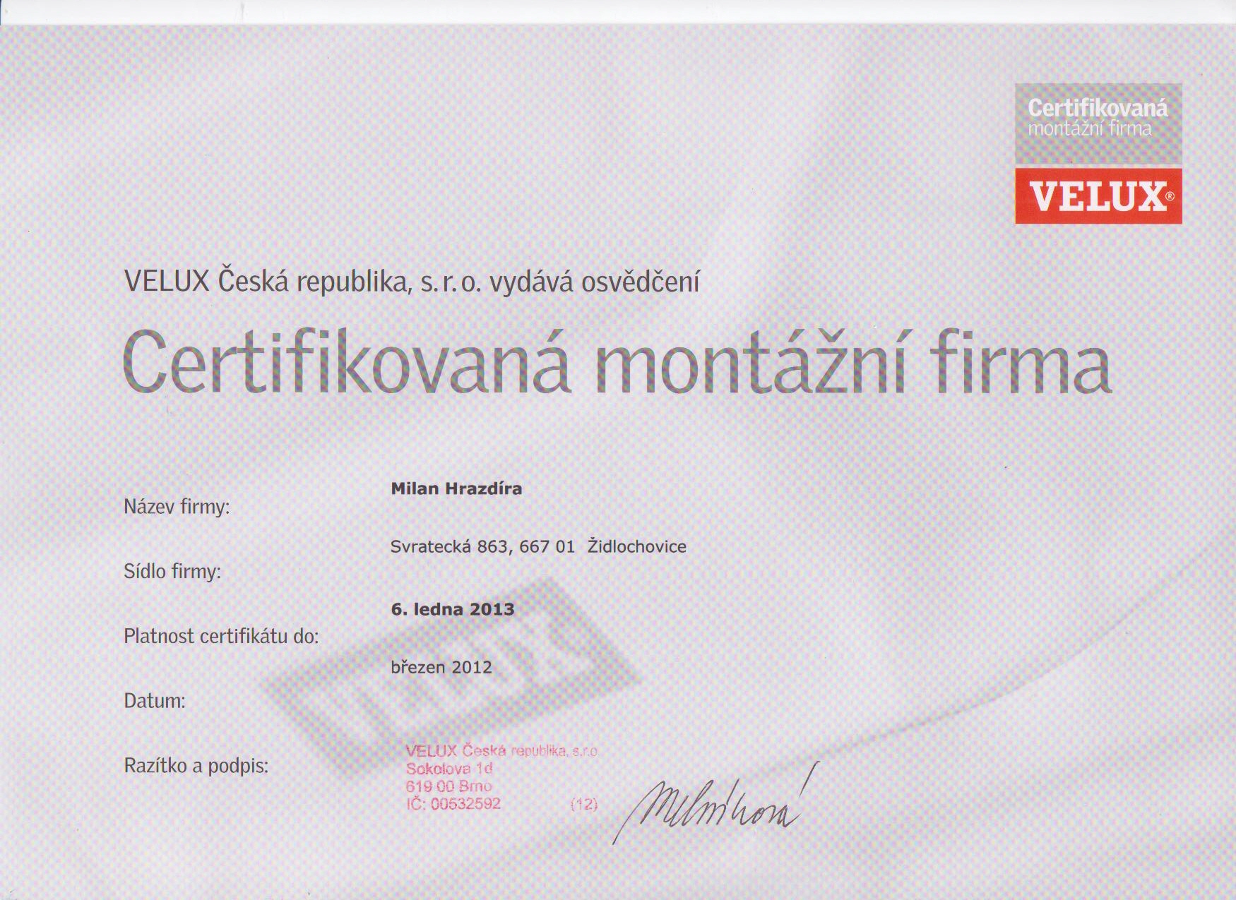 Certifikát Velux