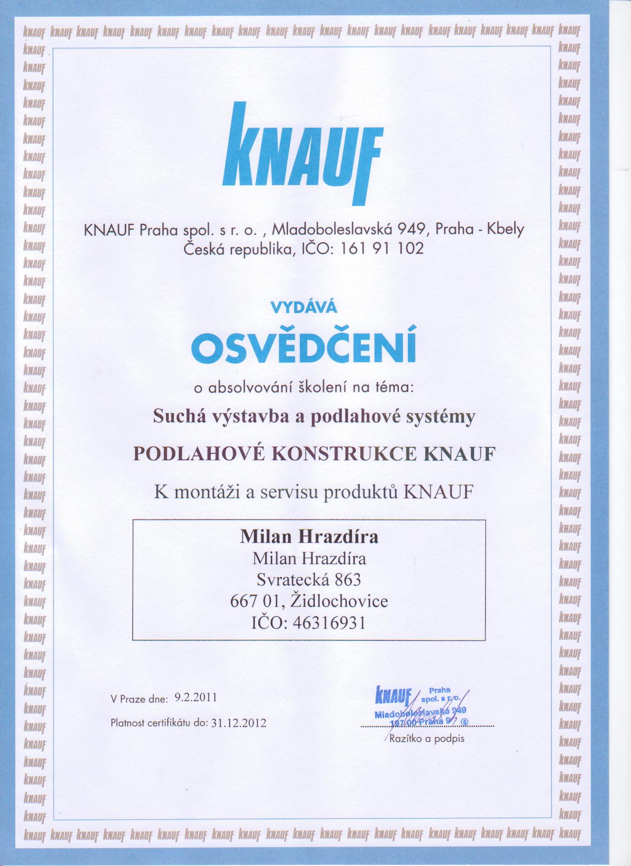 Osvědčení KNAUF podlahové konstrukce